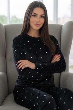 Чорний піжамний комплект для жінок Veloura Soft з візерунком у вигляді чорних крапок