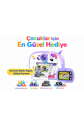 Anında Baskı Yapan Çocuk Dijital Kamerası Unicorn Tasarım, HD Video, Çift Lens