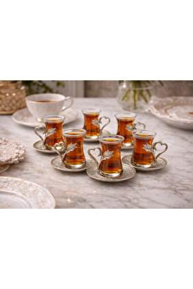 طقم شاي تركي فاخر لستة أشخاص - أكواب زجاجية مع حوامل فضية وصحون - صنع في تركيا