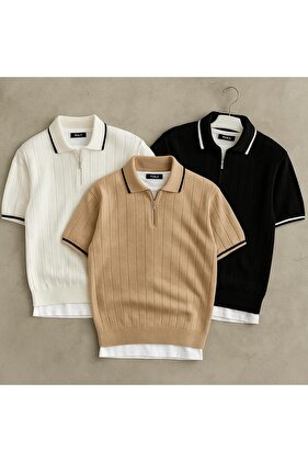 Tricou pentru bărbați, 3 piese, cu guler polo, texturat, cu jumătate de fermoar, din bumbac obișnuit, multicolor
