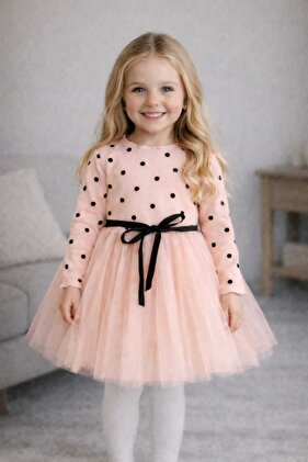 Linda Uzun Kol Kız Bebek Çocuk Prenses Kabarık Tütü Puantiyeli Esnek Likralı Somon Tütülü Elbise