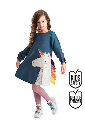 فستان شتوي بناتي بنمط وحيد القرن باللون الأزرق الداكن