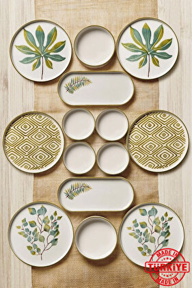 طقم إفطار خريفي ربيعي مكون من 14 قطعة قابل للتكديس لستة أشخاص - طبق تقديم فاخر (صنع في تركيا)