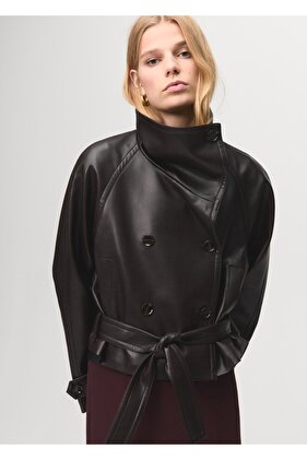 Maksi klapa detaylı deri görünümlü ceket