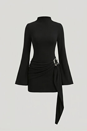 Siyah Kadın Dik Yaka Toka Detaylı Kuşaklı Toparlayıcı Kalıp Mini Elbise