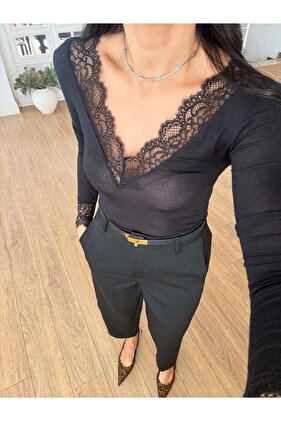 Дамска блуза с V-образно деколте, прозрачна дантела и кашмир, ултра лека