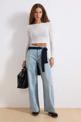 Blue High Waist Extra Wide Leg Palazzo Wide Leg 100% Cotton Non-Stretch Jeans Twoaw25Je00292