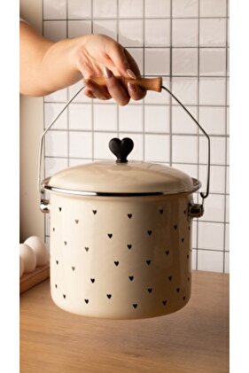 كوب أسود منقوش على شكل قلب من المينا للزبادي/البقوليات (20 سم - 3 لتر - متوافق مع جميع المواقد)