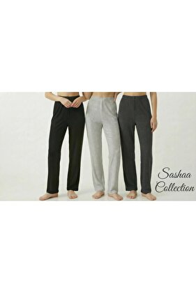 3'lü Siyah - Gri - Füme Kadın Fitilli Rahat Pantolon & Eşofman, Gündelik Rahat Ev Giyim Pijama