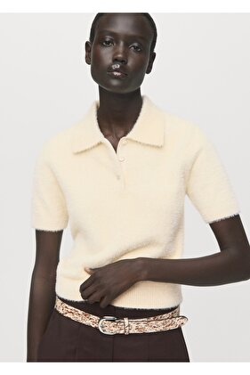 Polo yaka kürk görünümlü kazak