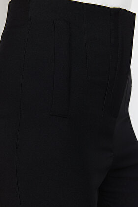 سروال أسود من القماش المنسوج ذو الخصر العالي بطول الكاحل TWOSS20PL0515