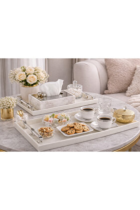 🪞✨ طقم صواني أكريليك مستطيلة أبيض × فضي – قطعتان فاخرتان (40 سم & 48 سم)