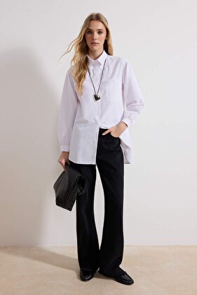 White Balloon Sleeve Basic Woven Shirt with Long Back Pocket Detail TCTSS21GO0976