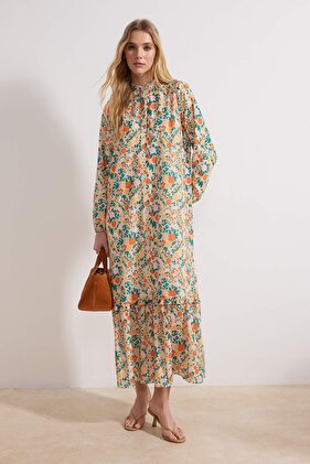 Orange Floral Half Placket Skirt Tip Ruffle Lined Woven Dress TCTSS21EL3353