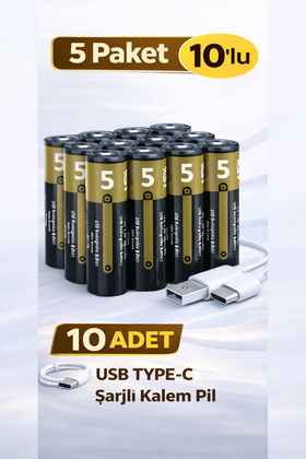 USB Type-C Şarjlı AA Kalem Pil 1.5V – 5 Paket 10’lu (10 Adet) Lityum Pil