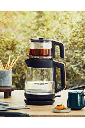 CMK 6001 Cam Çay Makinesi ve Kettle Siyah-Bakır
