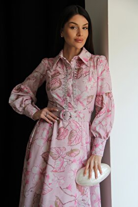 Pink Stone-Embellished Belted Lined Maxi Long Premium Design Linen Dress