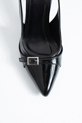 Women's Black Patent Leather Biana Model Double Banded Buckle Detailed Light Classic Heeled Shoes