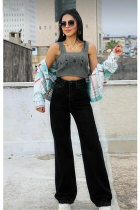 Christiana Siyah Likralı Süper Yüksek Bel Kot Salaş Paça Jeans Palazzo Pantolon