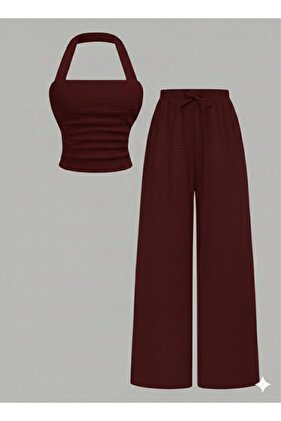 Set pantaloni largi și top Askill burgundy
