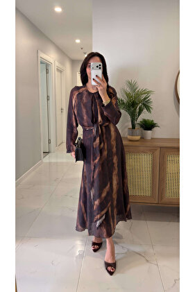 Enilwa Brown Patterned Front Tie-Detail Lined Chiffon Dress