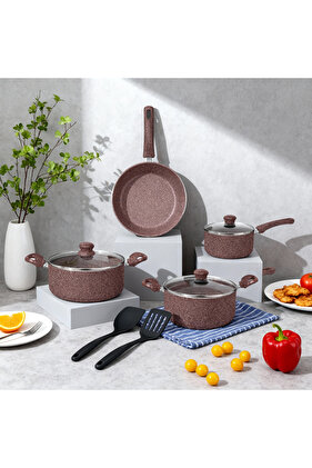 9-Piece Granite Cookware Set,Nonstick Pot with Glass Lids,Casserole,Fry Pan,Saucepan,Nylon Utensils
