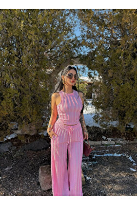 Pink Halter Reverse Stitched Double Set