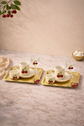طقم فناجين قهوة من البورسلين الكرزي مكون من 2 كوب وصينية تقديم معدنية مربعة