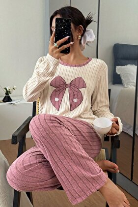 Pembe Nakışlı Pembe Uzun Kollu Pijama Takımı