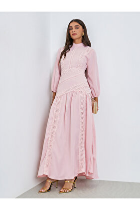 Pink High Neck Maxi Dress with Lace Detail