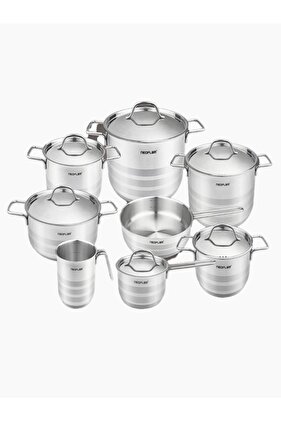 ,S.S Cooking Set14Pcs(18,20,24,26,28cm pots w.lid+MilkPot14cm+Saucepan16Cm+Fry pan24cm)Glossy