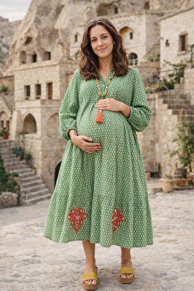 %100 Pamuklu Gizli Cepli ve Nakışlı Desenli Yeşil Hamile Gömlek Elbise