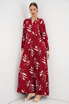 Women's Patterned Long Hijab Dress 2585 - E. Burgundy