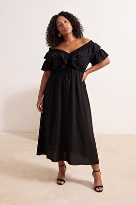 Rochie neagră, simplă, A croială cu volane Midi Summer țesut Plus Size TBBSS26AH00034