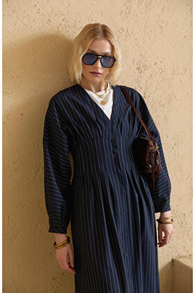 Pileli Çizgili Lacivert Elbise