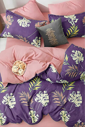 Duvet Cover Set with Fitted Sheets, Double Leaf Purple