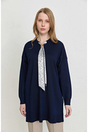 Fularlı Oversize Lacivert Merserize Triko Tunik