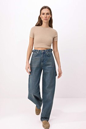 More Sustainable Dark Blue Wash Effect Loose Fit High Waist Loose Baggy Jeans TWOAW24JE00308
