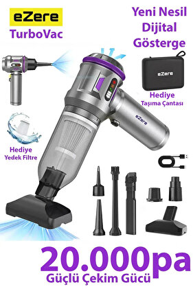 TurboVac 20000pa Güçlü Dijital Göstergeli Vakumlu Kablosuz Üflemeli Mini Araç Süpürgesi