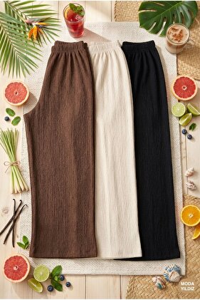 Set de 3 pantaloni largi din țesătură seersucker pentru femei, pantaloni de pijama, negru, ecru, maro