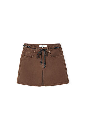 Kuşaklı mom fit non denim şort