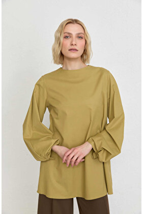 Balon Kol Yağ Yeşili Pamuk Tunik Gömlek