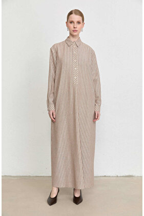 Çizgili Sütlü Kahve Keten Gömlek Elbise