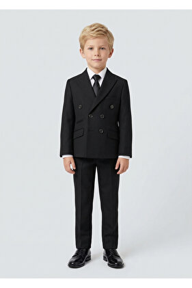 Erkek Çocuk Siyah Kruvaze Geniş Yaka Ceket Siyah Pantolon Modern Takım Elbise