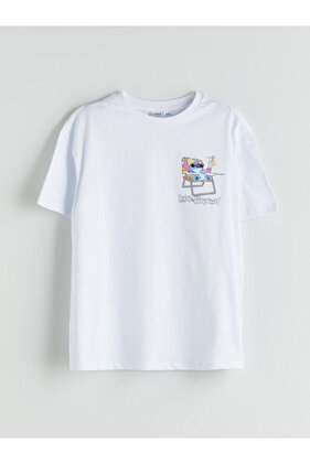 Tricou de fete cu guler rotund, imprimat cu Lilo și Stitch
