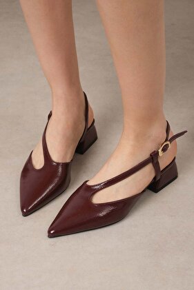 Annie Burgundy Color Patent Leather Pointed Toe Open Back Women's Short Heeled Shoes