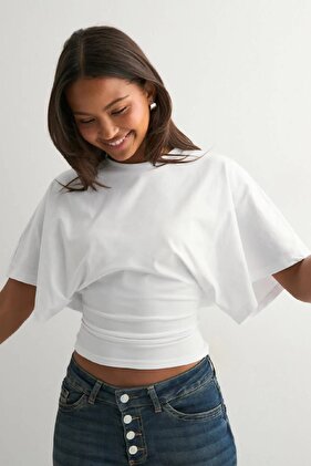 Qlay Women's Waist-Fitted Wide-Sleeve Viscose Blouse - Soft Textured Stylish Summer Crew Neck