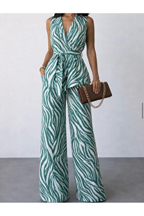 Patterned Vis Kon Cotton Fabric Stylish Double Suit – Belted and Wide-Legged Trouser Set