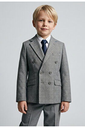 Erkek Çocuk Gri Ekoseli Kruvaze Ceket Desensiz Gizli Lastikli Pantolon Modern Takım Elbise