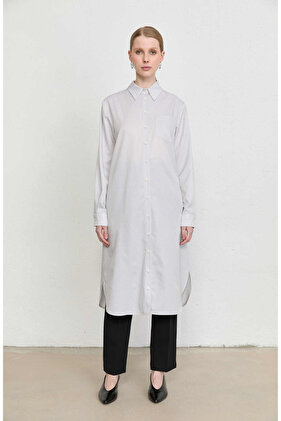 Fit Dad Ekru Çizgili Maksi Gömlek Tunik